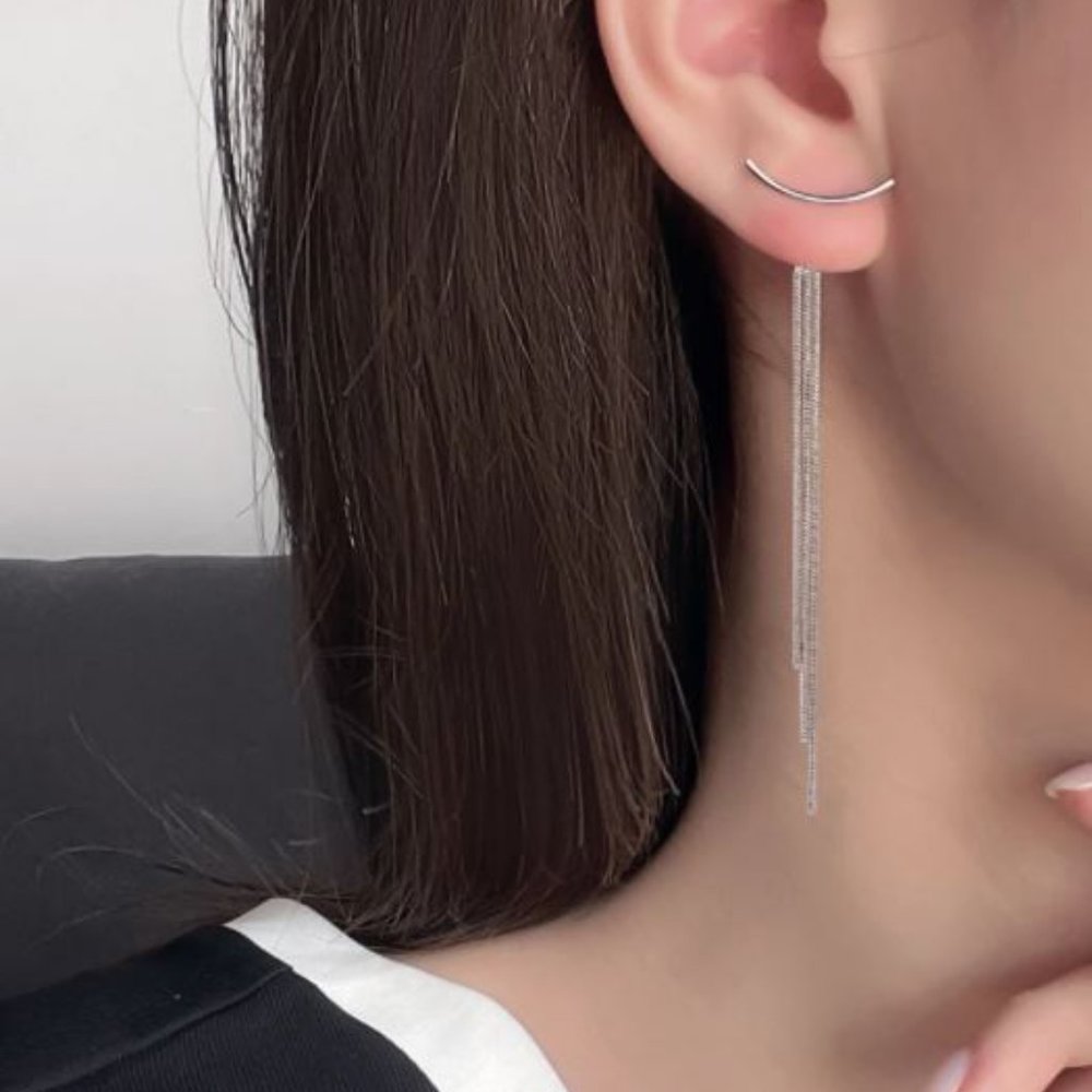 925 Sterling Silver Thin Long Chain Tassel Drop Bar Earrings - Picture 1 of 5